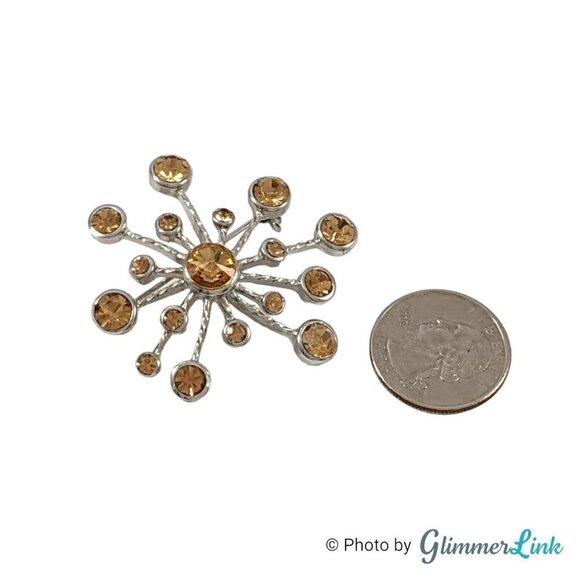 Starburst Sunburst Orange Rhinestone Silver Tone Brooch Pin - Picture 4 of 5
